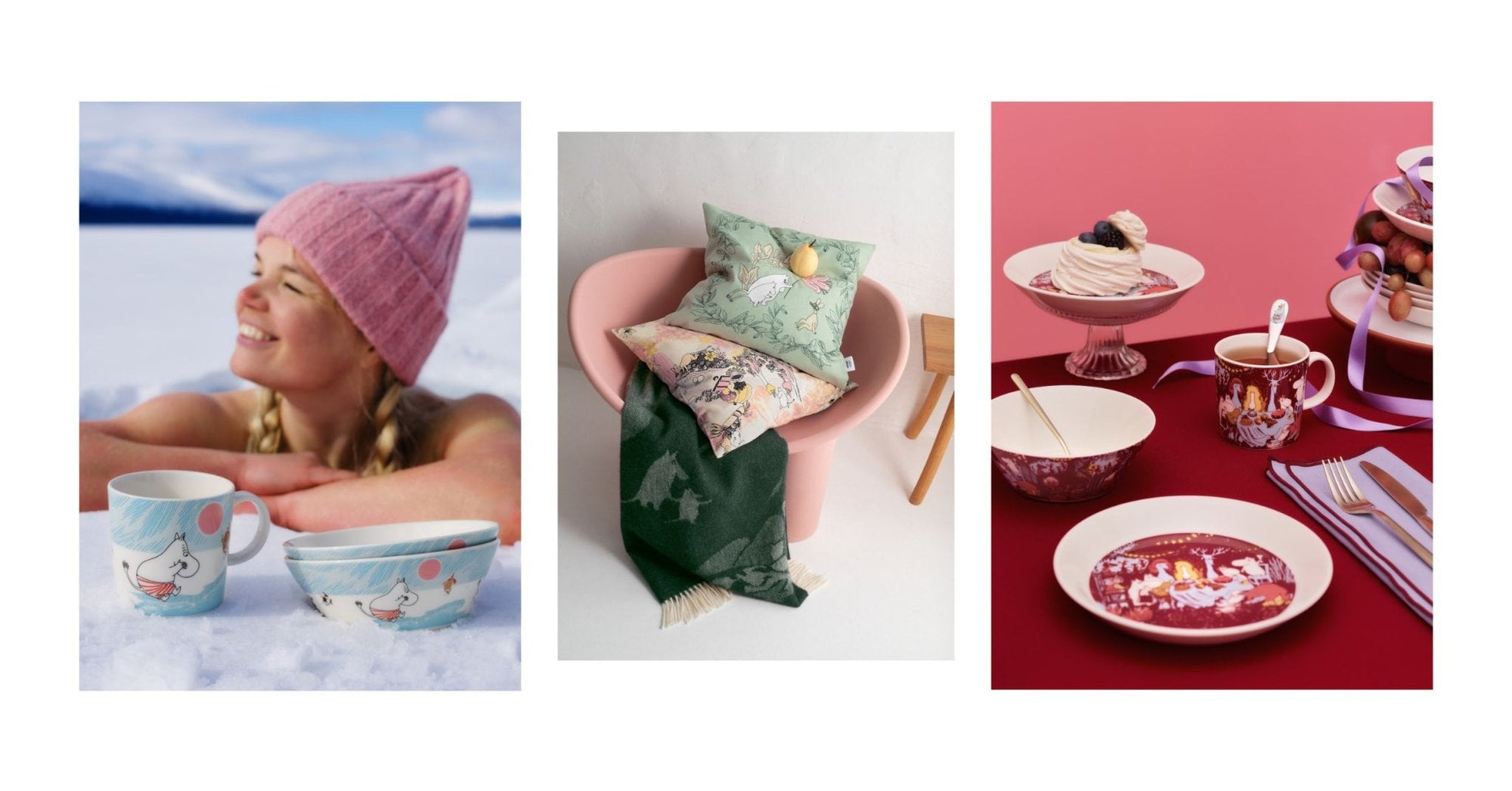 Nowe kubki z motywem Muminków przedstawiają Muminki świętujące i kąpiące się w lodowatej wodzie.