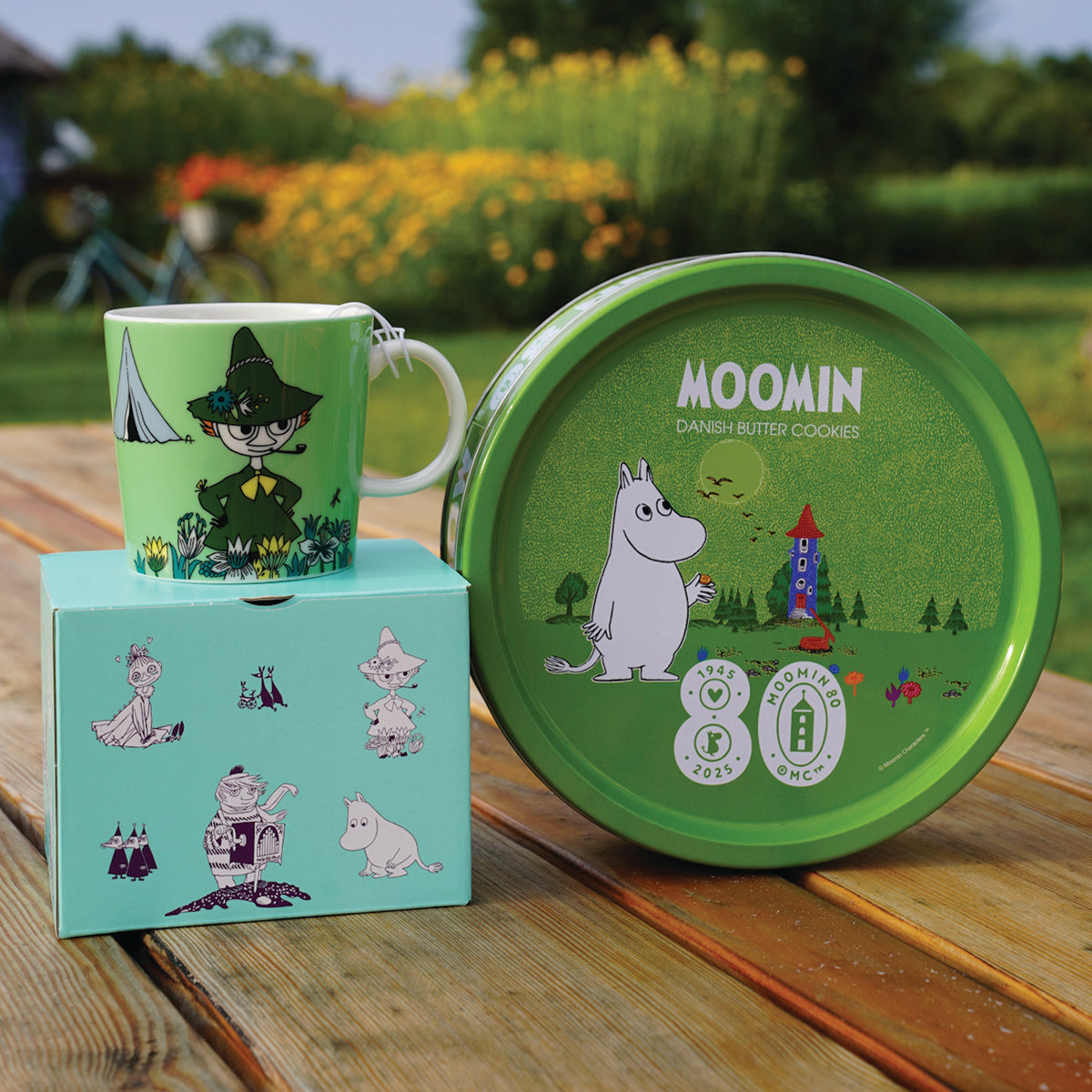 Zestaw 2-el. kubek porcelanowy 300ml Włóczykij Moomin Arabia + ciastka maślane w puszce 340g House of Denmark