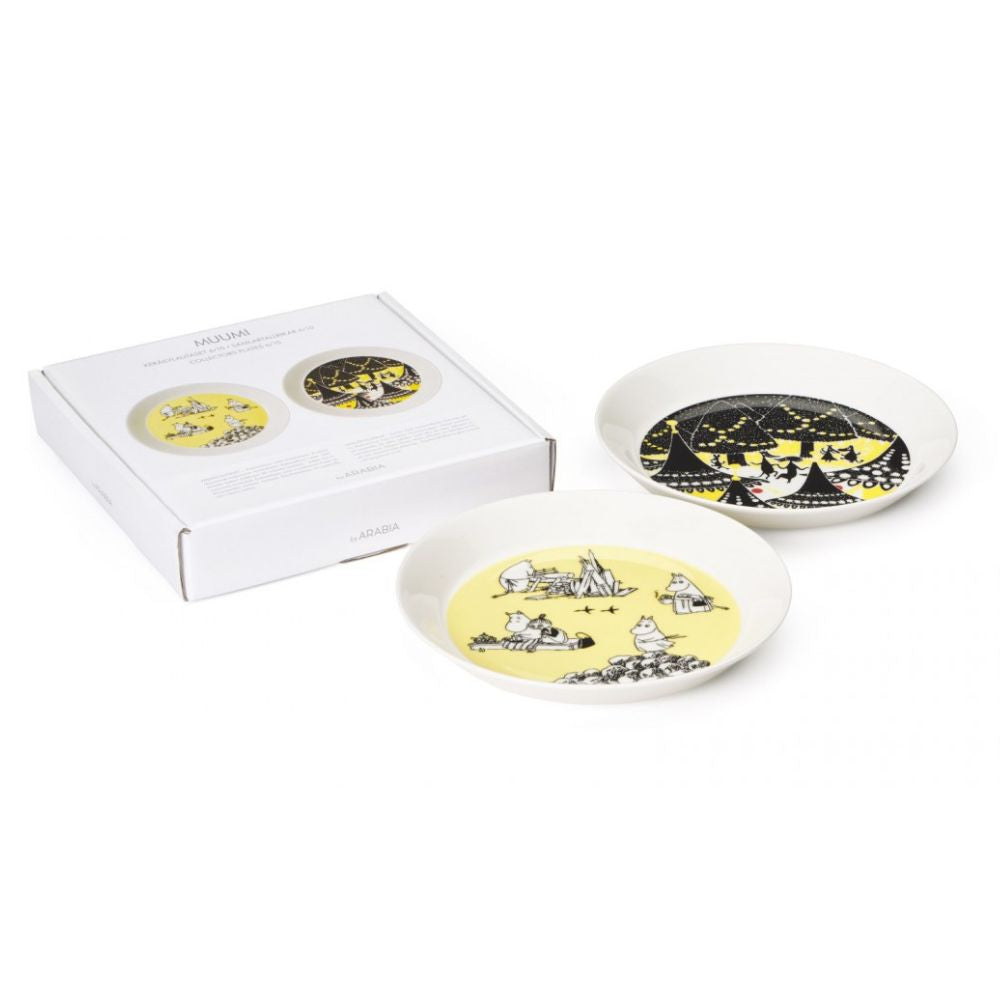 Talerze z edycji kolekcjonerskiej Muminki 2-pak: Żółty i Hurra - Moomin Arabia Finland