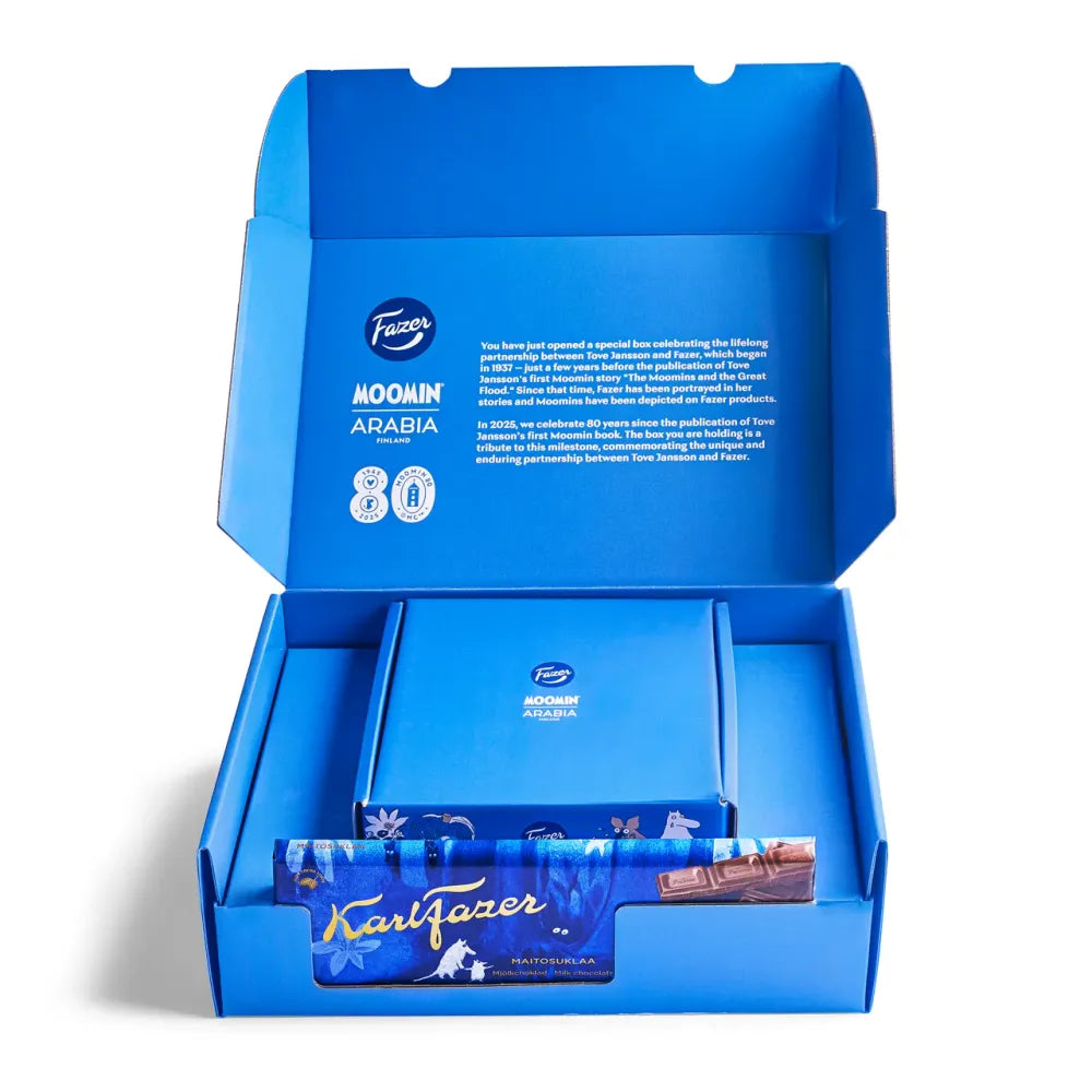 Zestaw jubileuszowy Muminki 80-lecie miska porcelanowa i czekolada Fazer